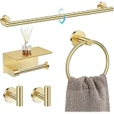 TQKAG 5 Piece Bathroom Towel Bar Holder Sets Brushed Gold Bathroom Hardware Set Stainless Steel Toilet Paper Holder with Shelf Bathroom Accessories Kit Wall Mounted