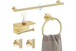 TQKAG 5 Piece Bathroom Towel Bar Holder Sets Brushed Gold Bathroom Hardware Set Stainless Steel Toilet Paper Holder with Shelf Bathroom Accessories Kit Wall Mounted