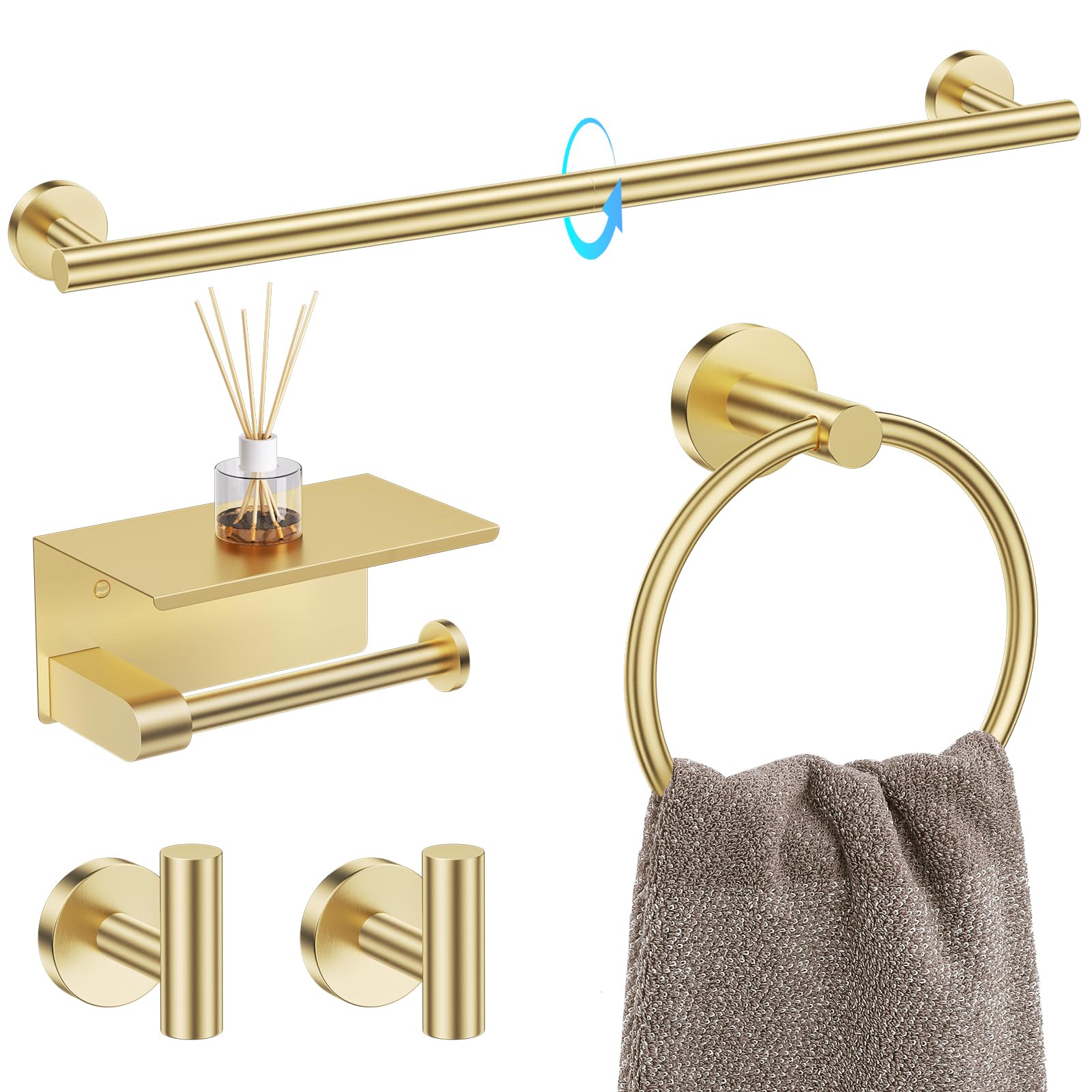 Photo 1 of TQKAG 5 Piece Bathroom Towel Bar Holder Sets Brushed Gold Bathroom Hardware Set Stainless Steel Toilet Paper Holder with Shelf Bathroom Accessories Kit Wall Mounted