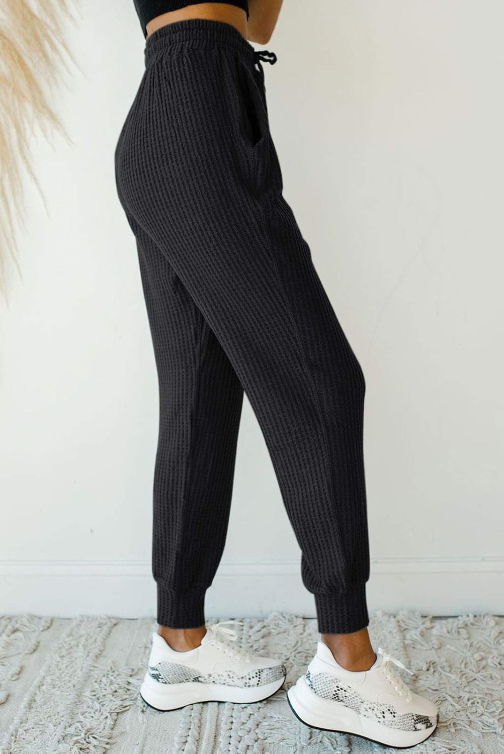 MIROL Women's Active Drawstring Joggers Pants Elastic Waist Waffle Knit Trousers Athletic Solid Color Sweatpants with Pockets: Clothing