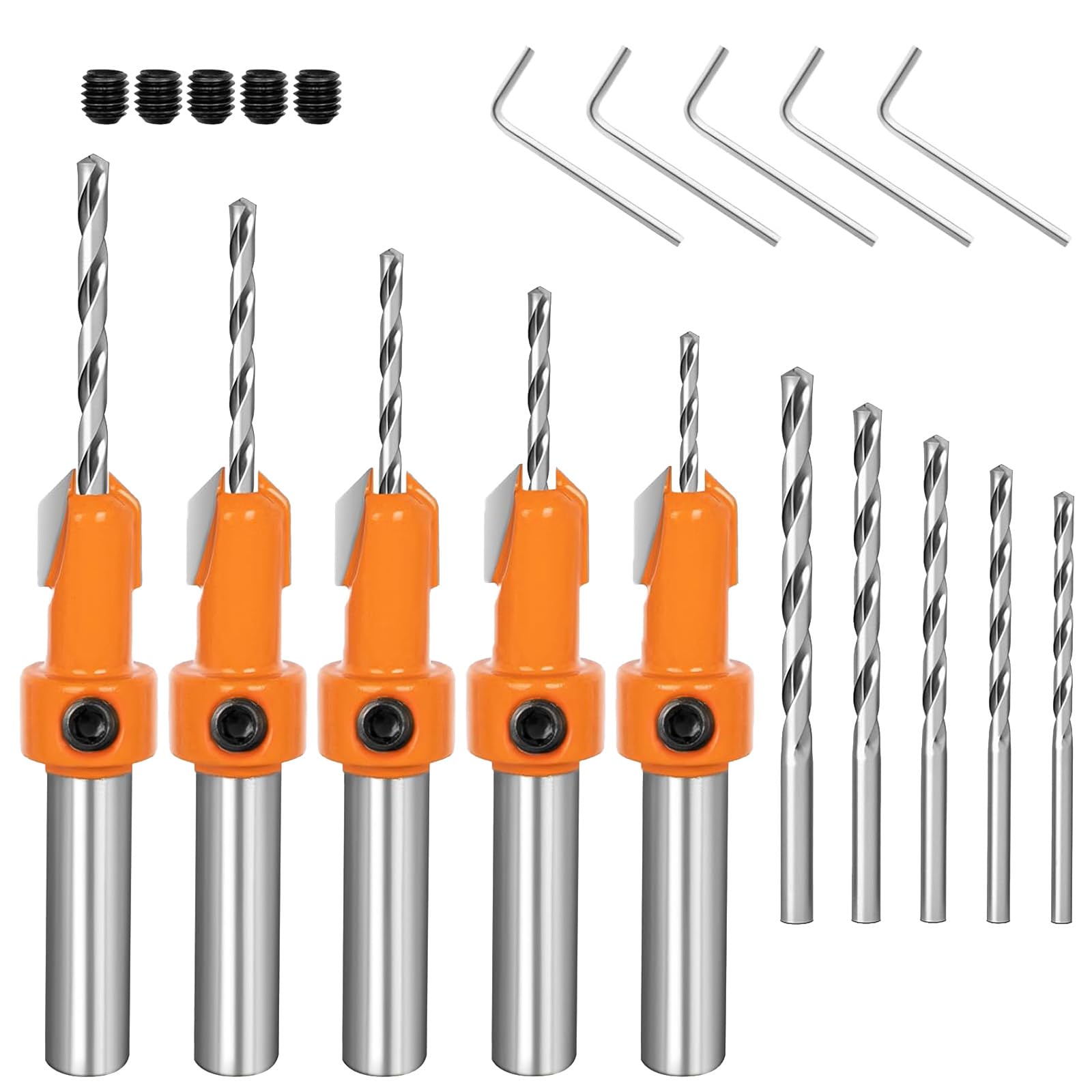 Countersink Drill Bit - 5 Countersink Drill Bit Sets with 5 Different Sizes + 5 Replaceable HSS Bits + 5 Wrenches for Precision Woodworking, Hole Diameter: 8mm for Woodworking Countersink Drill Bits