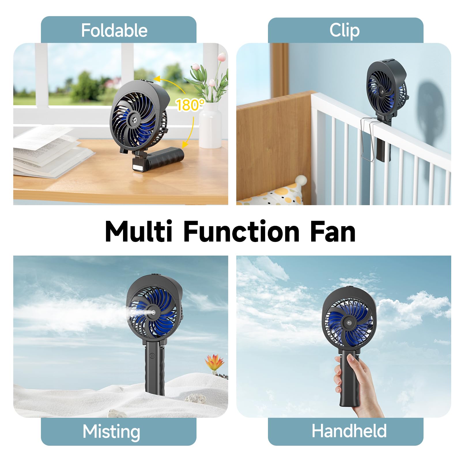 HandFan Personal Misting Fan, 55ml Large Water Tank, Poratable Handheld Rechargeable Mister Fan, Battery Operated Mist Fan, 180°Foldable, 3 Speeds, for Travel, Beach, Camping, Outdoors, Makeup(Blue)