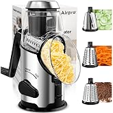 Airpro Rotary Cheese Grater with Handle - Vegetable Shredder with 3 Stainless Steel Blades &amp; Strong Suction Base,Round Mandoline Slicer &amp; Food Chopper for Kitchen