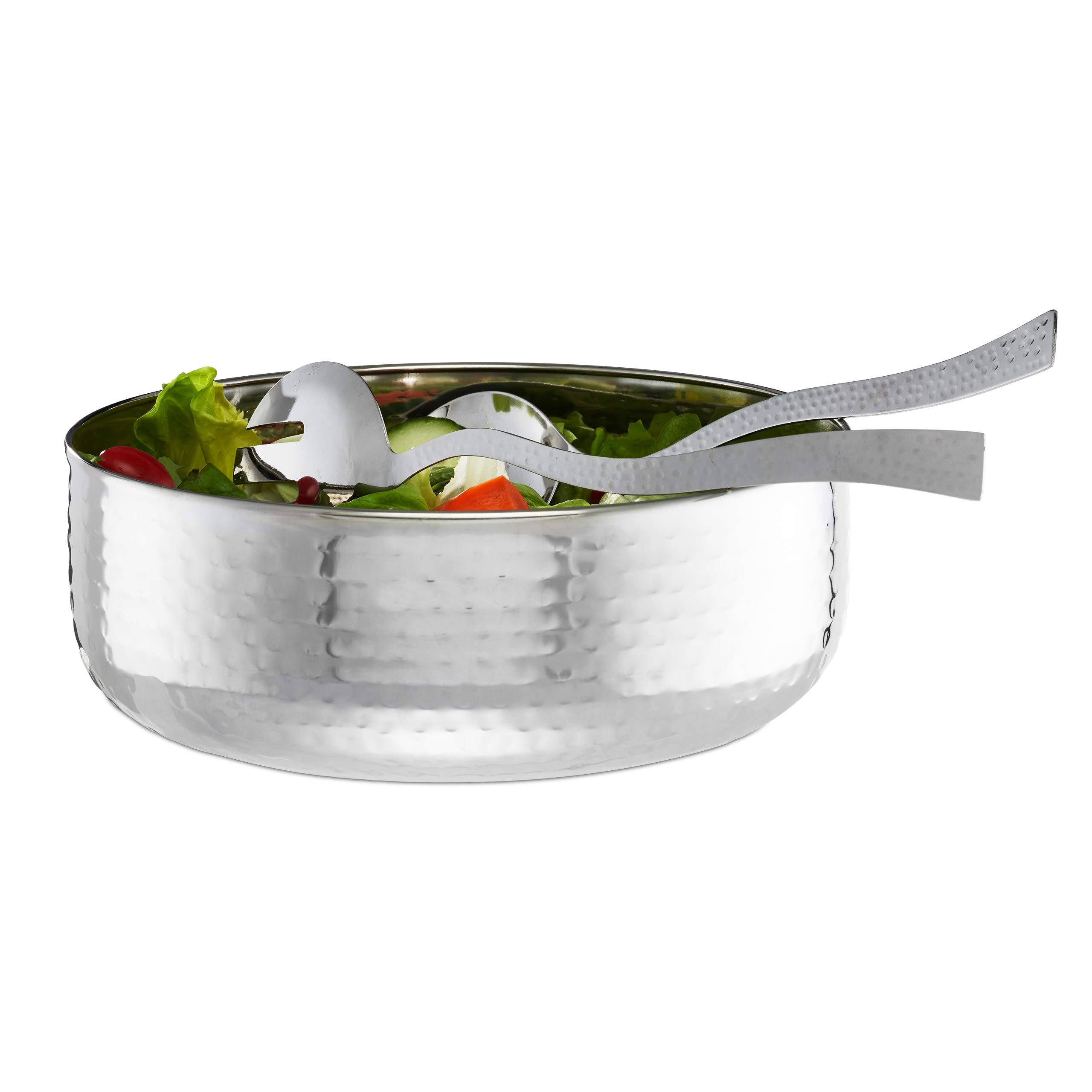 Relaxdays 10026002 Salad Bowl Set with Servers 30cm, 3-Piece, Stainless Steel, Dishwasher-Safe, Elegant, Round ∅ 28 cm, Silver, Yellow
