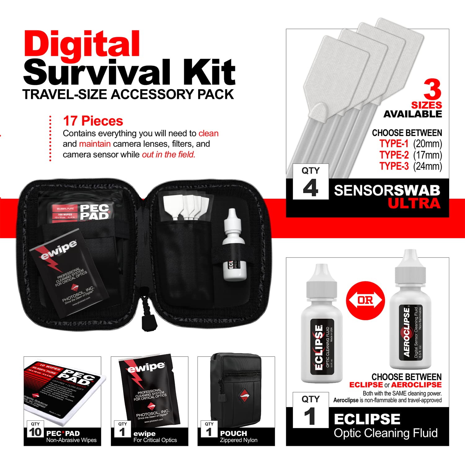 Photographic Solutions Digital Survival Kit - Type-3 (24mm) Sensor Swabs, PEC-PAD Photo Wipes, E-Wipe Packet, Eclipse Optic Cleaning Fluid - Camera Cleaning Kit with Travel Bag