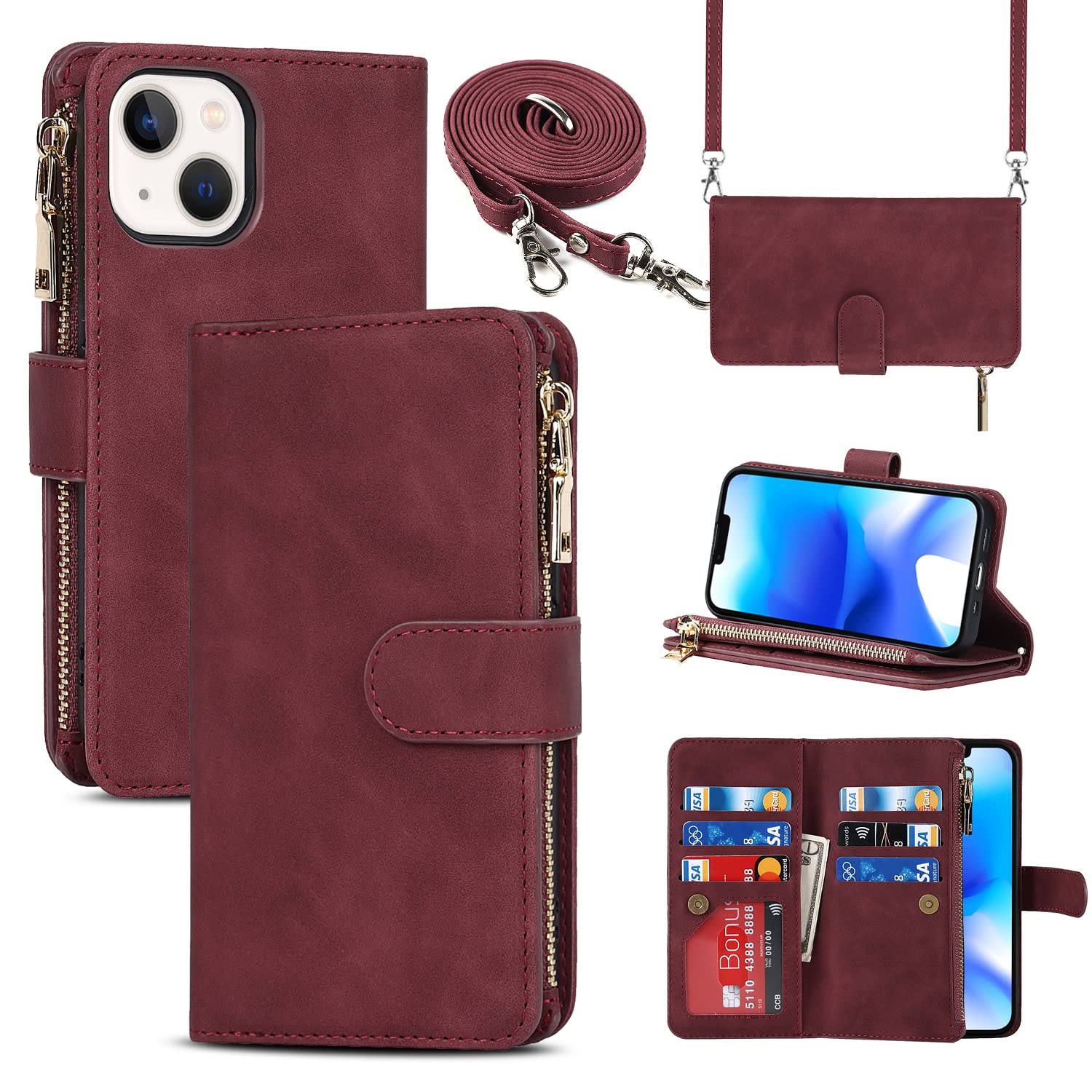Cavor Compatible with iPhone 14 Case With Card Holder With Strap,Flip Leather Crossbody Women Wallet Case,[9 Card Holders][2 Lanyards],Cover Phone Case Compatible with iPhone 14 - Red