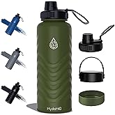 24oz Stainless Steel Insulated Water Bottle, 48H Ice Cold & 24H Hot, Leak-Proof Wide Mouth Lids (Straw & Spout), BPA-Free Bottles, Mens Water Bottle for Gym, Hiking, Travel - Green