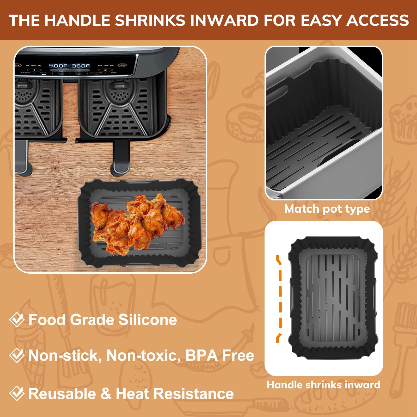 2PCs Silicone Air Fryer Liners for Ninja DZ401, DZ550, DZ302, COSORI 9QT Air Fryer, Rectangular Reusable Liners Accessories for Ninja Foodi 2-Basket 10 QT