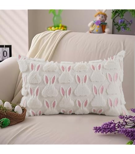 AACORS Easter Pillow Cover 12x20 Inch - Striped Bunny Hello Peeps Spring Decor For Sofa