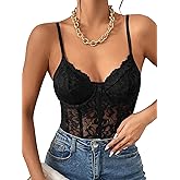 Milumia Women's Sexy Sheer Mesh Lace Bodysuit Spaghetti Strap Bustier Corset Tops Rave Party Club