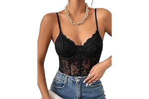 Milumia Women's Sexy Sheer Mesh Lace Bodysuit Spaghetti Strap Bustier Corset Tops Rave Party Club