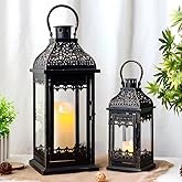 JHY DESIGN Set of 2 13''&19.5''H Decorative Candle Lanterns Vintage Hanging Lantern Metal Candle Holder for Garden Living Roo