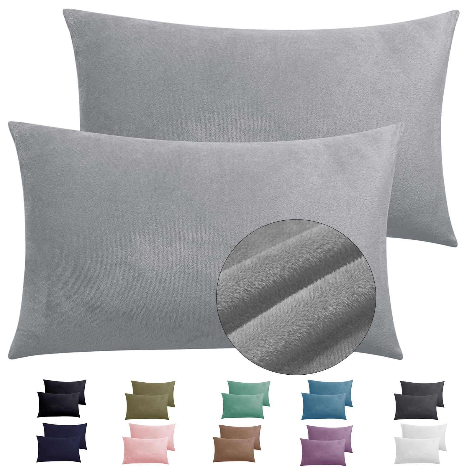 Photo 1 of 2 Pack Zippered Velvet Standard Pillowcases, Super Soft and Cozy Luxury Fuzzy Flannel Pillow Cases with Zipper, 20x26 Inches, Light Grey