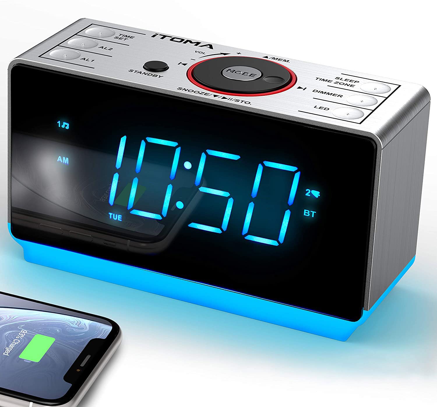 Wekkerradio, 15W ultrasnelle draadloze telefoonoplader met Bluetooth, twee oplaadpoorten, dubbele wekker, slaaptimer, snooze, dimmer, FM-radio, cyaan LED-nachtlampje en 1,4-scherm iTOMA CKS207
