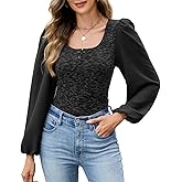 HEYTALALA Womens Puff Long Sleeve Tunic Tops Button Down Square Neck Blouse Loose Fit Basic T Shirt Elegant Tee Shirts