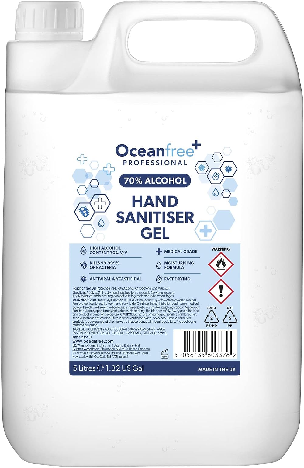 Ocean Free 70% Alcohol Hand Sanitiser Gel 5L UK Made Surgical Grade