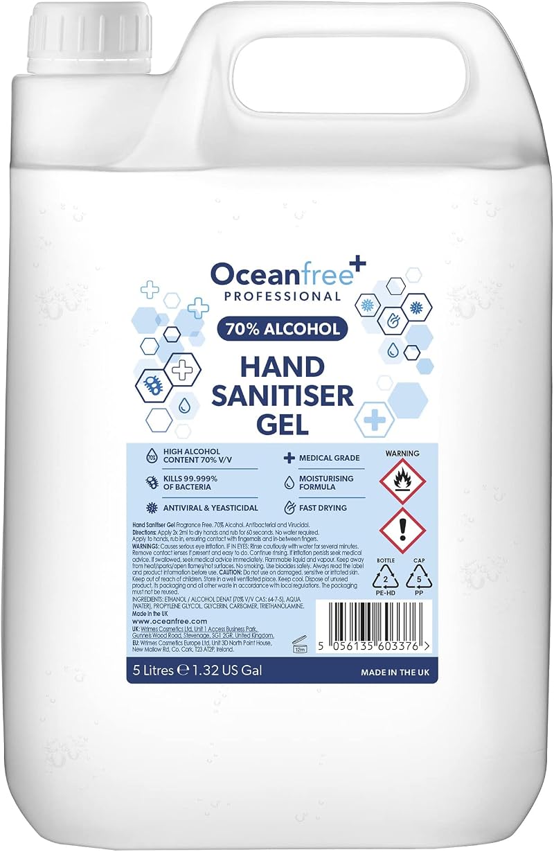 Ocean Free 70% Alcohol Hand Sanitiser Gel 5L UK Made Surgical Grade