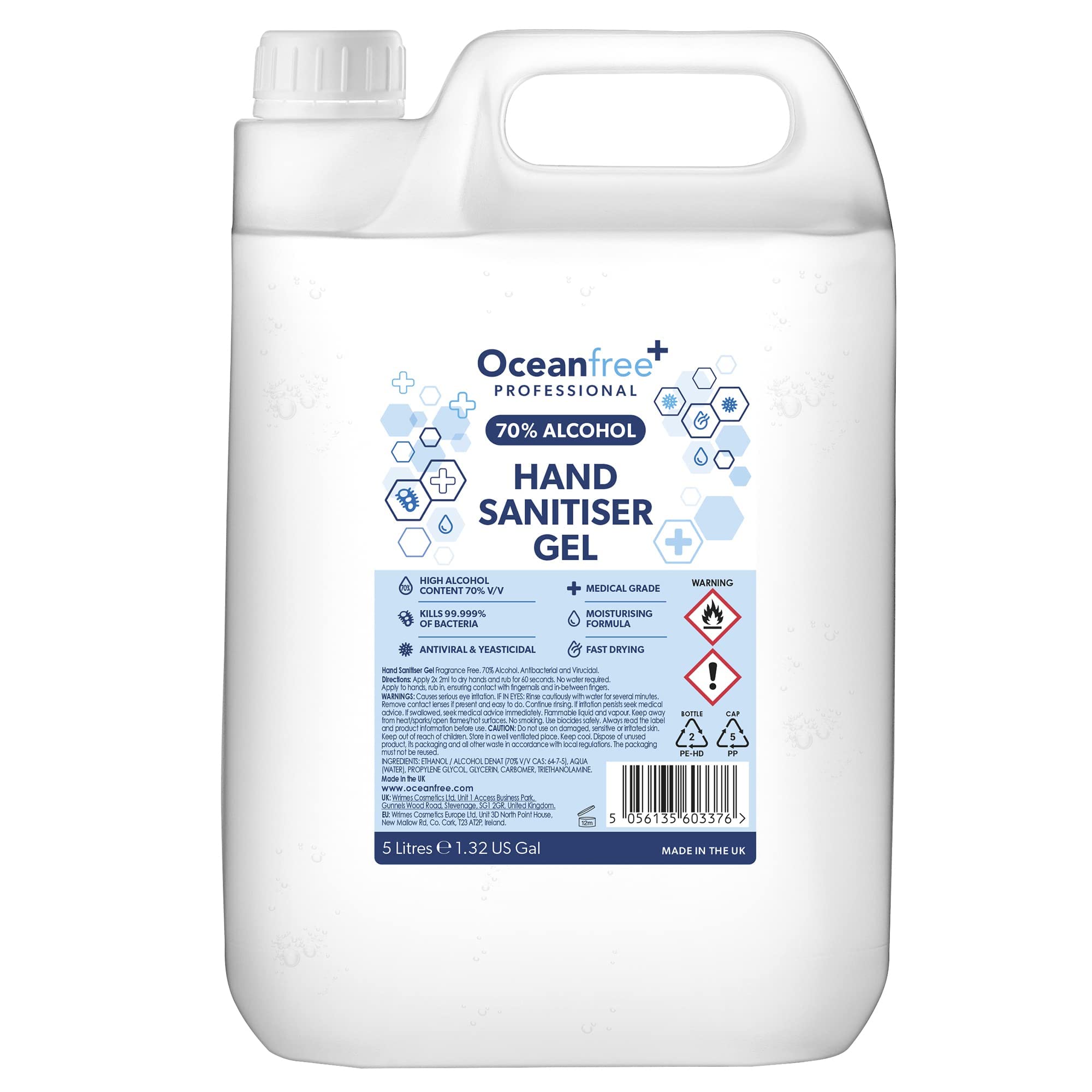 70% Alcohol Hand Sanitiser Gel - 5L Litres - Certified Surgical/Medical Grade - Made in the UK (Single)