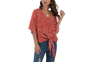 VIISHOW Womens Tie Front Chiffon Blouses V Neck Batwing Short Sleeve Summer Tops Shirts
