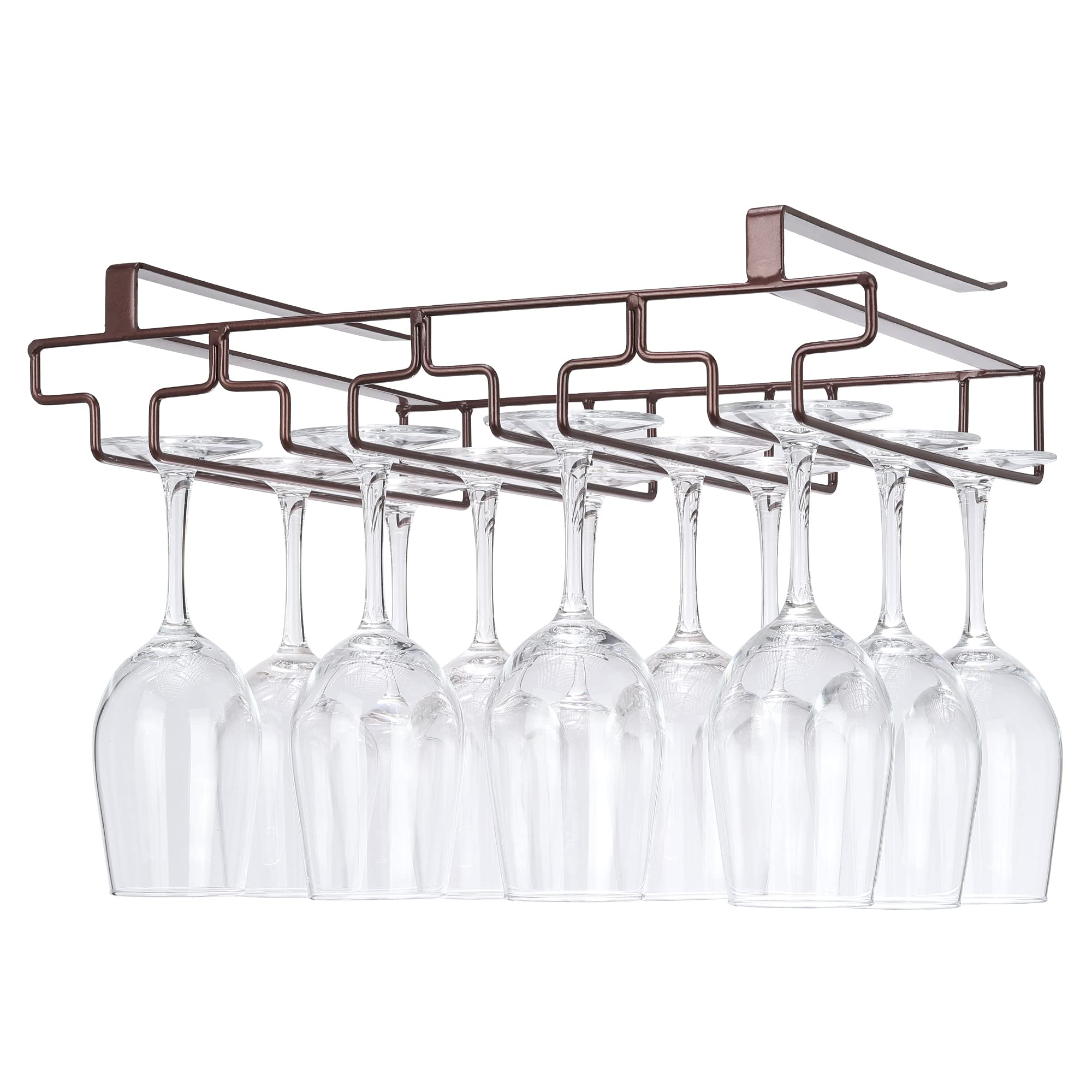 FOMANSH Wine glass holder hanging, no drilling required, storage, no screws required, stainless steel, adjustable shelf thickness, kitchen, Brown