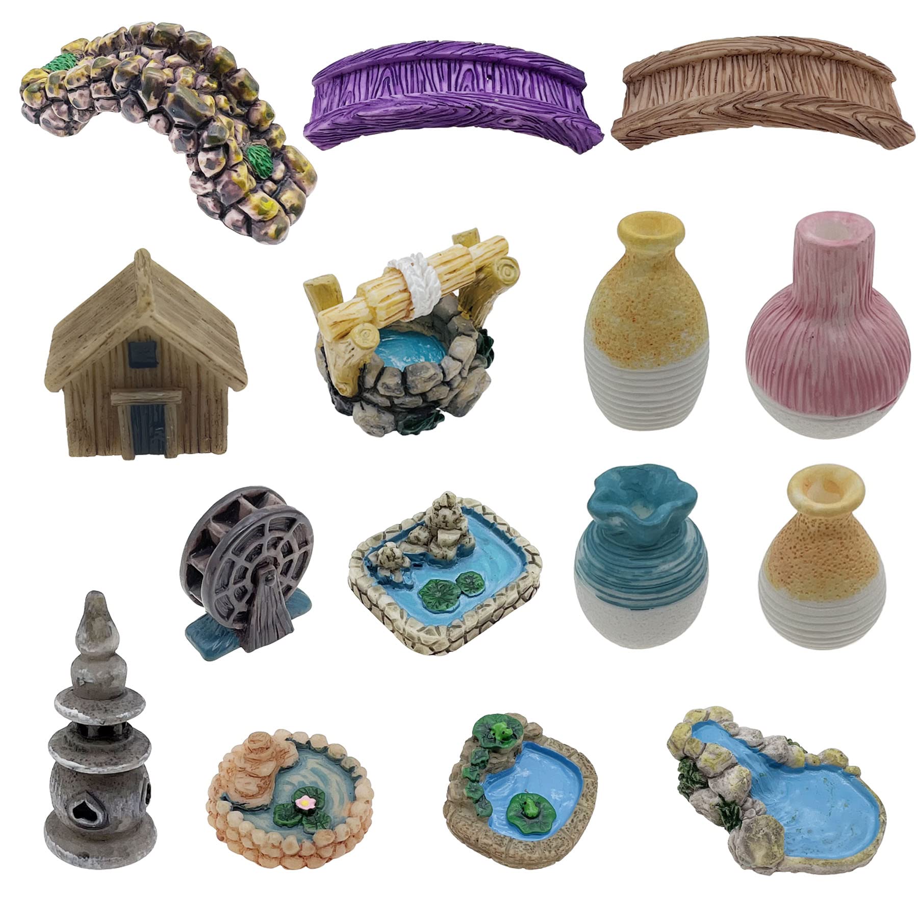 Cayway 16 Pieces Fairy Garden Accessories, Miniature Garden Bridge Figurines, Mini vase, Water Well, Miniature Pond, for DIY Craft Garden Decoration
