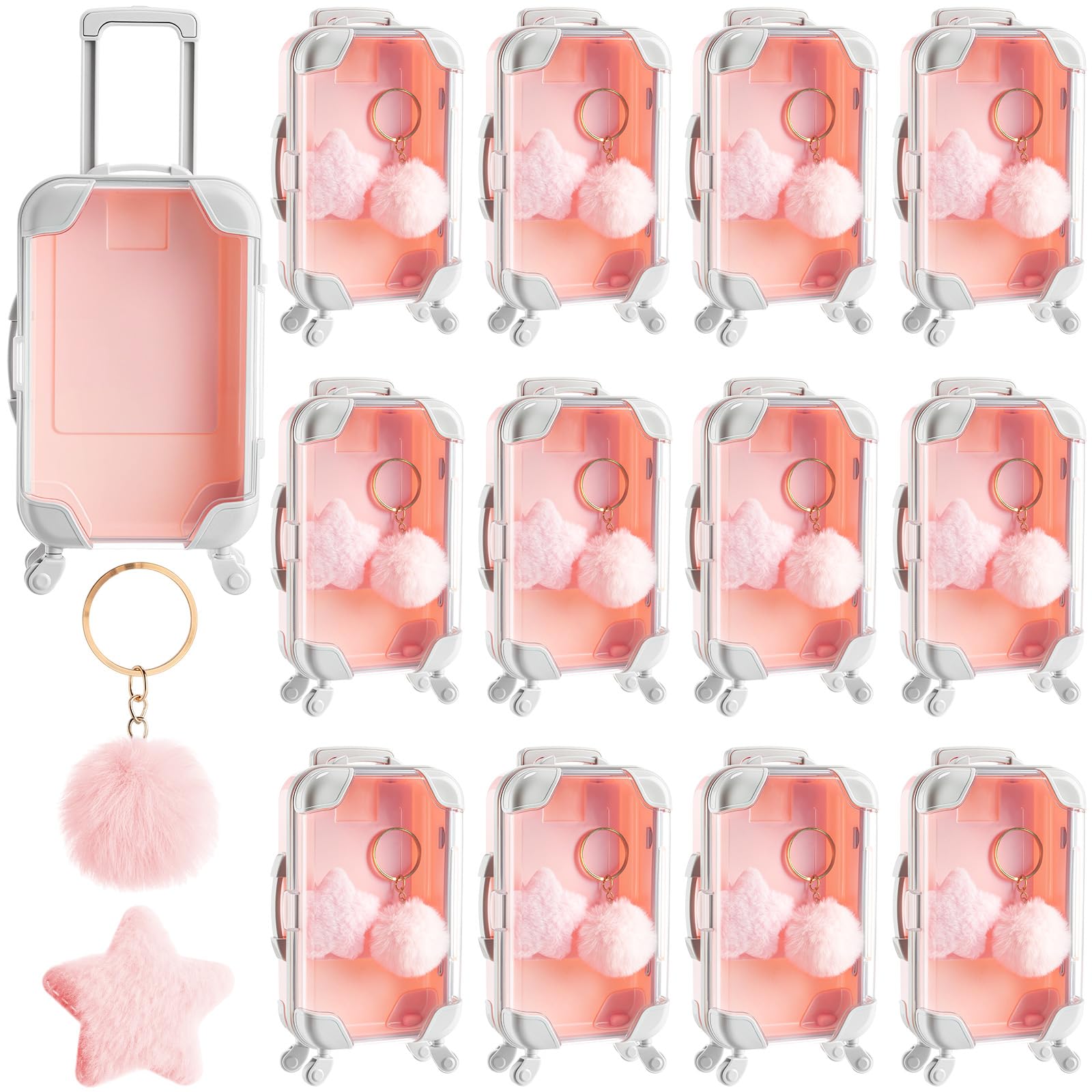 Photo 1 of LemonRoad 36 Pcs Mini Suitcase Party Favor Box with Plush Ball Keychains and Hair Clips 6.69 x 3.74 x 1.97 Inches Clear Mini Suitcase Gift Box for Travel Wedding Birthday Party Favors(Pink)