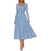 MEROKEETY Women's Floral 2025 Fall Midi Dresses Long Sleeve Square Neck Flowy A Line Wedding Ruched Dress Pockets