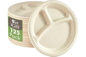 Vplus 100% Compostable Paper Plates, 125 Pack 9 Inch 3 Compartment Plates Disposable, Heavy Duty Biodegradable Plates Made of Sugar Cane Fibers, for Daily meals, Dinner, Parties, BBQ