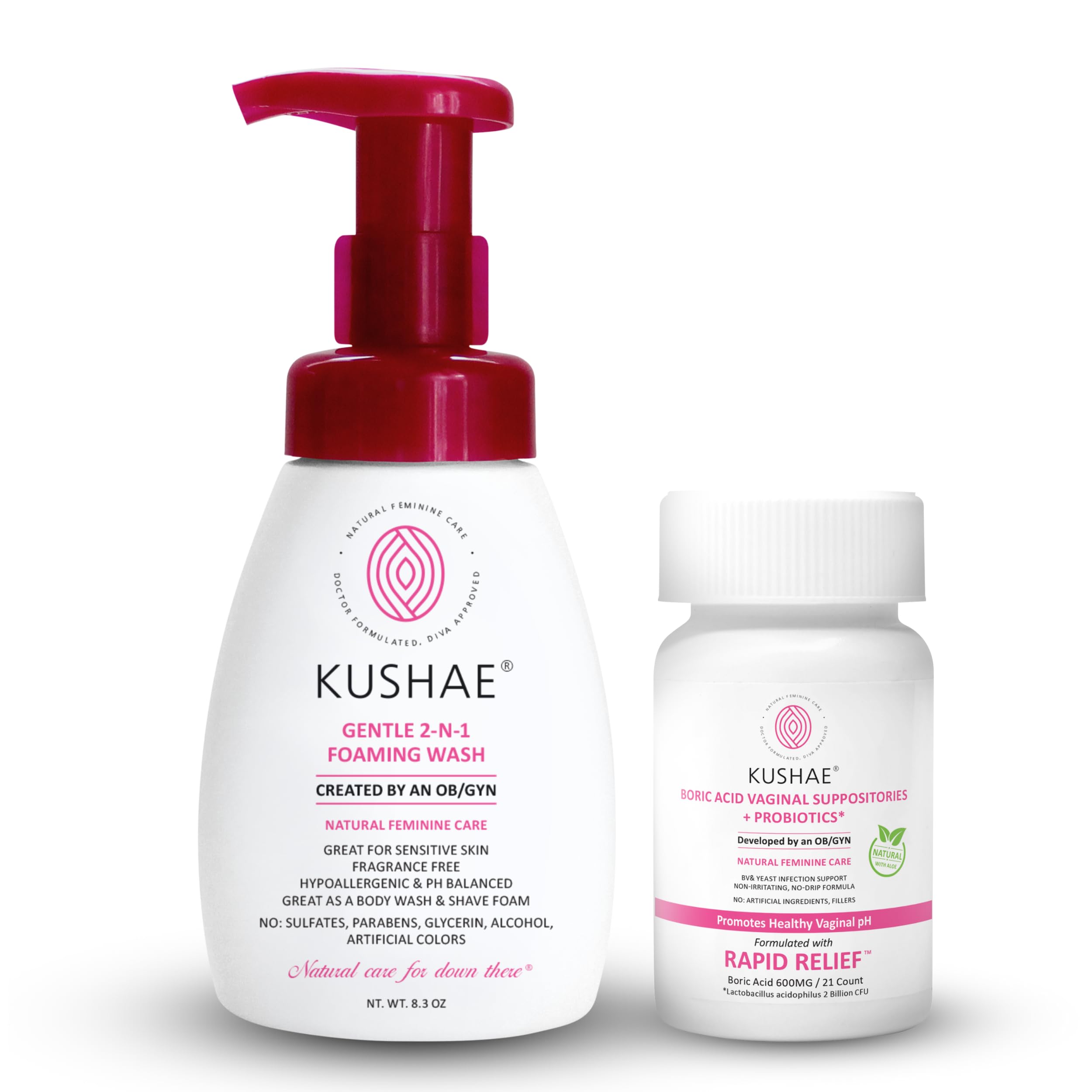 Kushae Feminine Bundle Pack - 2-In-1 Gentle Feminine Intimate Wash & Boric Acid Suppositories – OB/GYN Made, All Natural