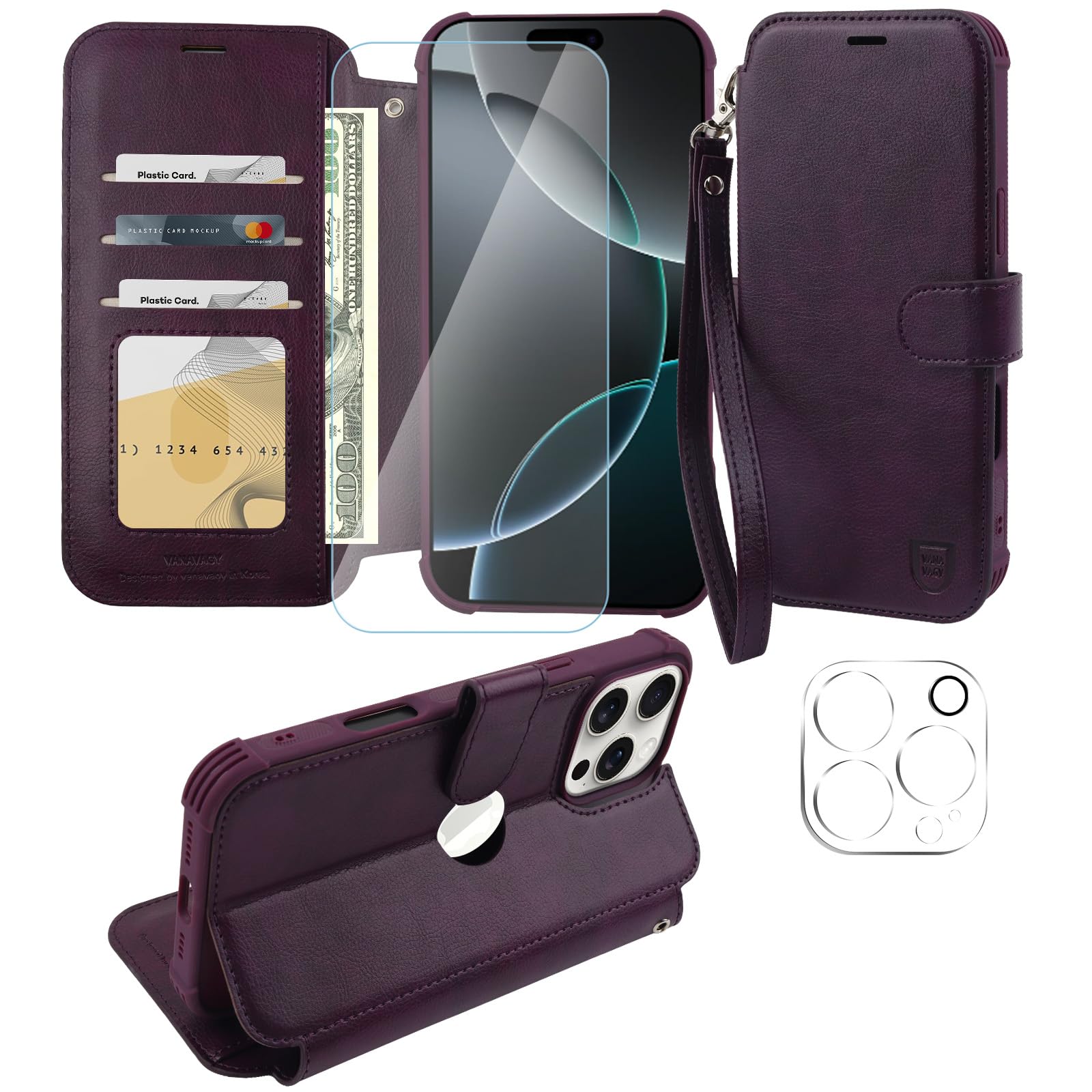 VANAVAGY Compatible for iPhone 16 Pro Wallet Case, 12ft Drop Protection, RFID Blocking PU Leather Flip Cover, Card Holder & Kickstand, Shockproof Phone Case for 16 Pro-6.3 Inch,Purple