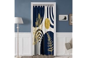 QGHOT Mid Century Modern Navy Blue Shower Curtain Boho Dark Blue and Gold Leaves Shower Curtains for Mens Bathroom Decor Sets, Waterproof Cloth Fabric with Hooks, 48x72in