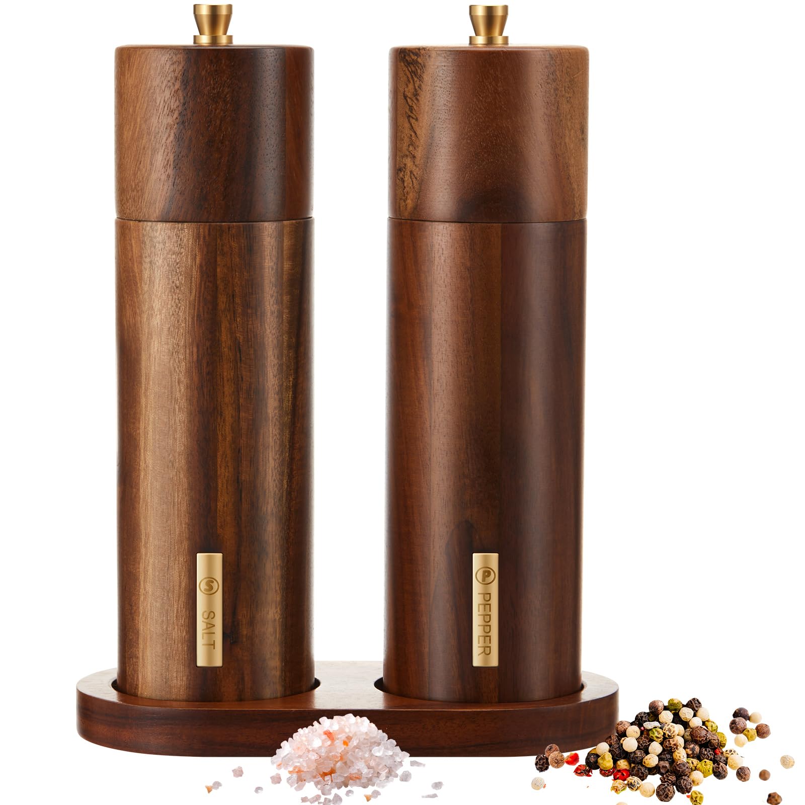 Photo 1 of LOYIM Wooden Salt and Pepper Grinder Set 8 Inch Manual Salt and Pepper Mill with Tray Adjustable Coarseness Refillable Wood Grinders with Gold Bottle Label for Kitchen(Wood Color)