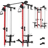 Garvee Folding Squat Rack, Wall Mounted Power Rack with Dual Independent Pulley System &amp; Pull Up Bar, Multi-Function Power Cage with for Home Gym Space-Saving