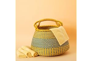 AFRICA IN A BASKET Home & Kitchen Decor, Picnic Basket, Blanket Storage Living Room, Fruits, Harvest, Garden Gathering, Wicker, Boho, Woven, Bolga, African, Large, Pot, Yellow Blue