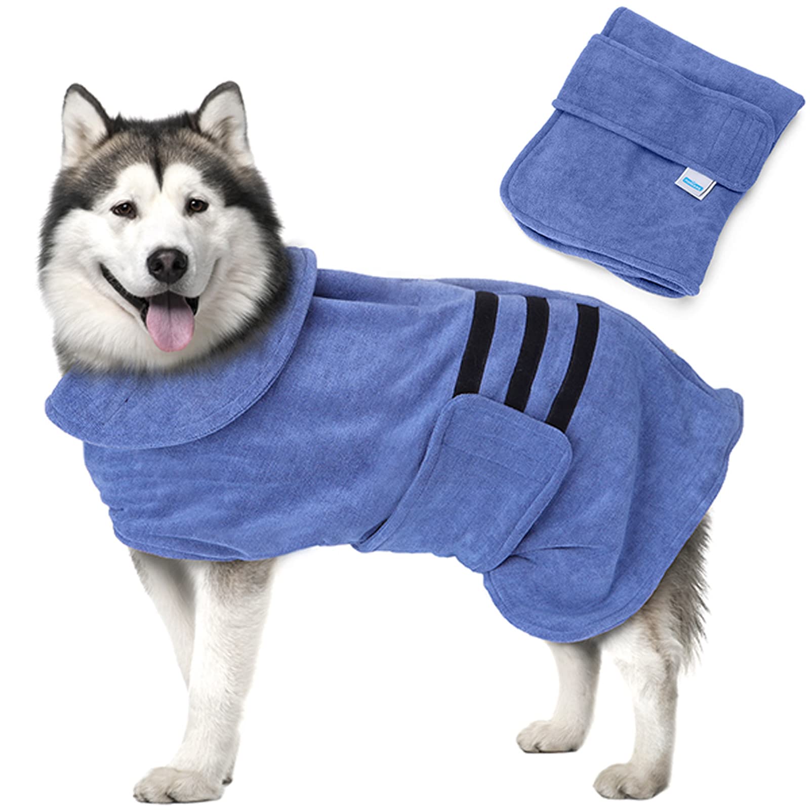 Nobleza Super Absorbent Dog Drying Coat - Adjustable Bathrobe Towel for Large Dog & Cat - Blue