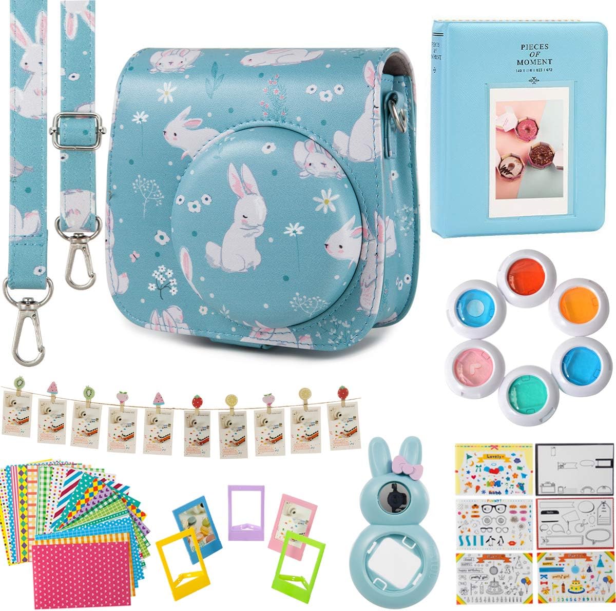Flylther Compatible Mini 8 9 Camera 8-in-1 Accessories Bundles Set for Fujifilm Instax Mini 8 9 Instant Film Camera(Case,Albums,Frames,Film Stickers,Colored Filters,Selfie Lens) - Rabbit