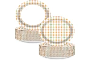 EggSun Fall Orange Gingham Oval Paper Plates 10’’x 12’’, Autumn Large Disposable Heavy Duty Orange Gingham Plaid Paper Plates for Birthday Wedding Baby Shower Tea Party Supplies, 50 Guest