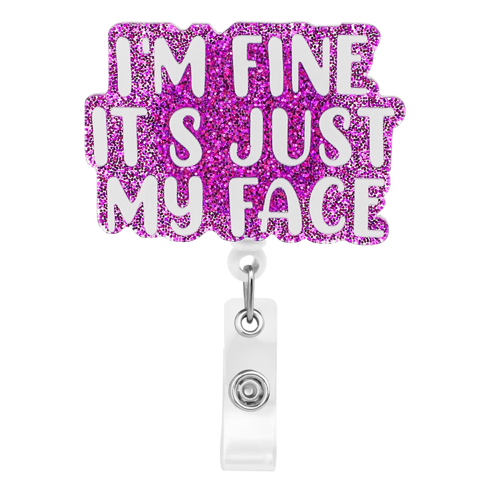 Ymapinc Funny Nurse Badge Reel Retractable I'm Fine It's Just My Face ID Badge Holder Nurse Badge Holder with Alligator Clip Badge Reel Holder Purple Glitter Medical Badge Reel