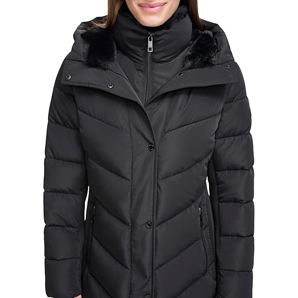 CALVIN KLEIN WOMEN’S WINTER PUFFER COAT – COZY FAUX SHERPA LINED HOOD WITH INSET BIB, LONG QUILTED JACKET, BLACK, M