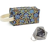 SuoSycorax Blue Floral Printed Quilted Makeup Bag for Women - Velvety Polyester Cosmetic Organizer w/Triple Compartments, Travel & Makeup Brush Holder