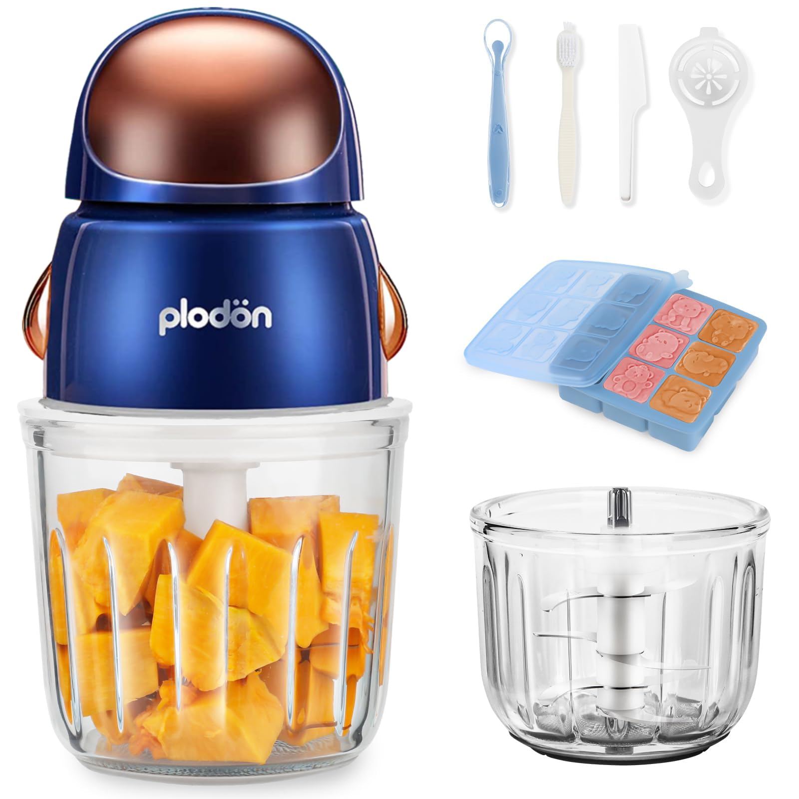 Photo 1 of Plodon Baby Food Maker Mini Cute and Small Food Processor Puree Blender Grinder Chopper with 2 Glass Bowls(0.6L+0.3L) 8 Blades Electric (Without Battery) -2 Bowls