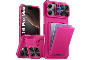 SSLOTSCASE for iPhone 16 Pro Max Case with Card Holder & Camera Stand & Kickstand & Slide Camera Lens Cover, Multifunctional Wallet Rugged Protective Phone Case Cover for iPhone 16 Pro Max 6.9'', Pink