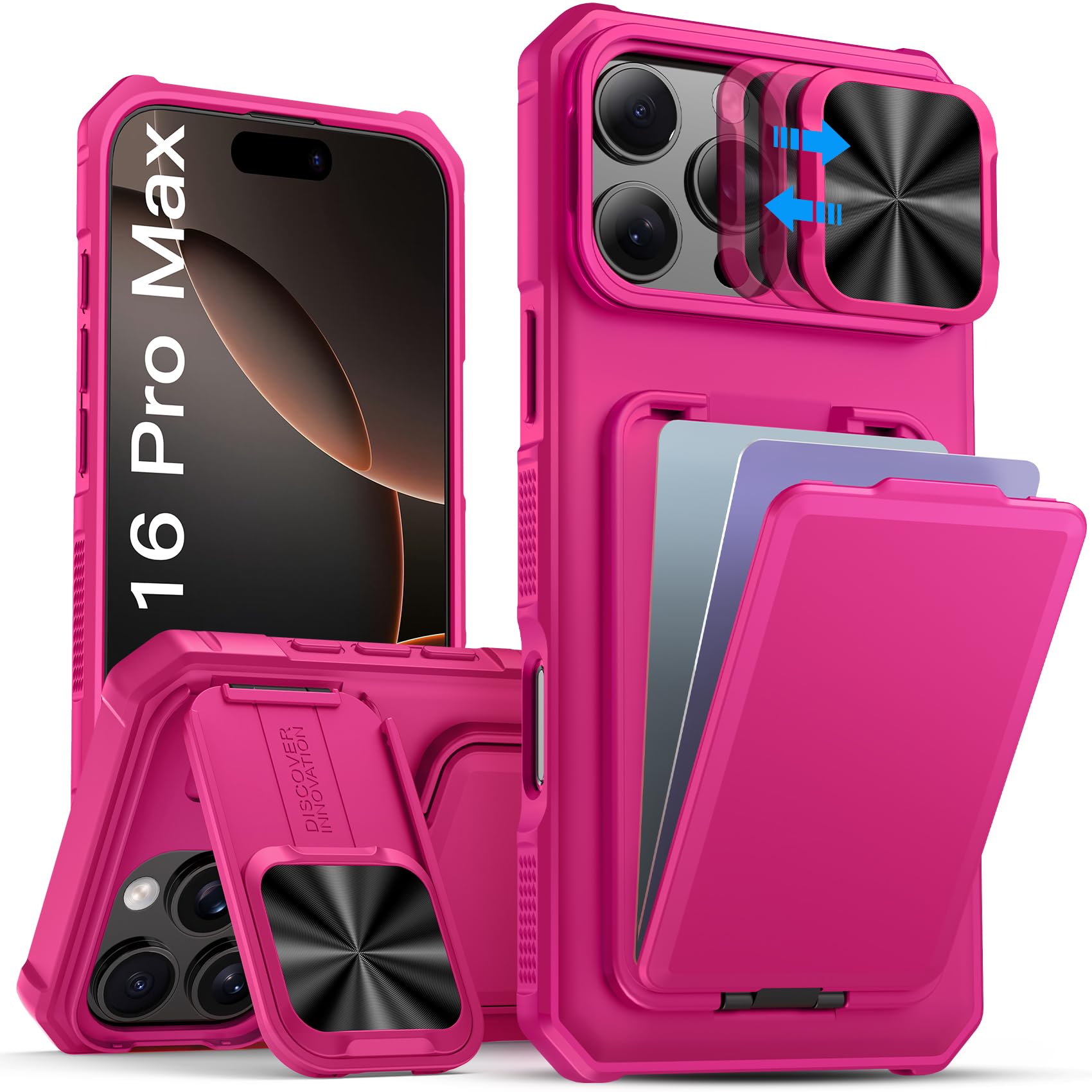 Photo 1 of SSLOTSCASE for iPhone 16 Pro Max Case with Card Holder & Camera Stand & Kickstand & Slide Camera Lens Cover, Multifunctional Wallet Rugged Protective Phone Case Cover for iPhone 16 Pro Max 6.9'', Pink