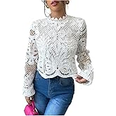 SHENHE Women's Dressy Casual Blouse Lace Embroidered Hollow Out Long Sleeve Going Out Crop Top