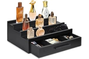 ANRXNCY 4-Tier Cologne Organizer for Men, Wood Perfume Organizer with Drawer, Cologne Stand Organizer for Organizing and Storage, Perfume Holder for Mens Room Decor, Perfume Display Shelf, Gift for Men