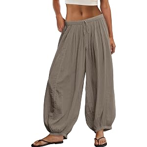 ReachMe Womens Balloon Harem Pants Sheer Summer Elastic Waist Baggy Pants Beach Vacation Outfits