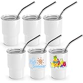 Joyclub 3 oz Mini Tumbler Shot Glass with Straw and Lid 6 Pack White Mini Cup Stainless Steel Sublimation Shot Tumblers for Wedding Party Whiskey Favors