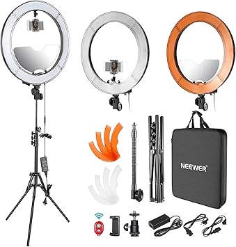 neewer led ring light 18 inch outer diameter with top bottom dual hot shoe mirror smartphone holder light stand soft tube color filter for makeup