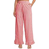 Flygo Women's Gingham Pants Y2K Cotton Wide Leg Ruffle Hem Lounge Pants Plaid Elastic Wasited Trouser with Pockets