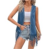 Verdusa Women's Fringe Vest Cardigan 70s Hippie Rivets Tassel Sleeveless Studded Jacket